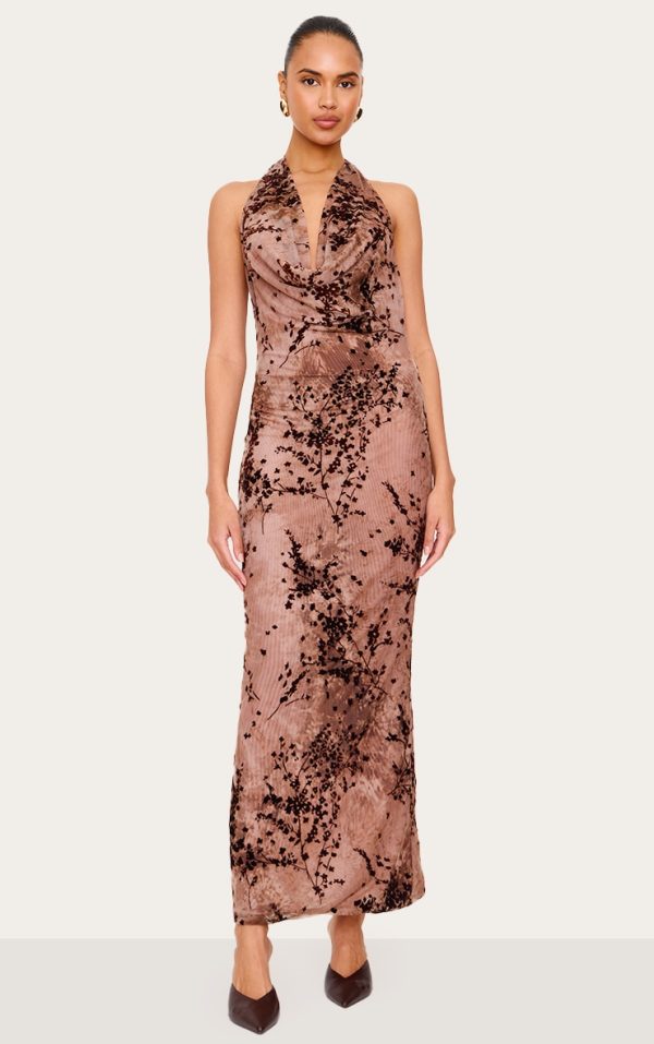 Brown Devore Cowl Neck Maxi Dress
