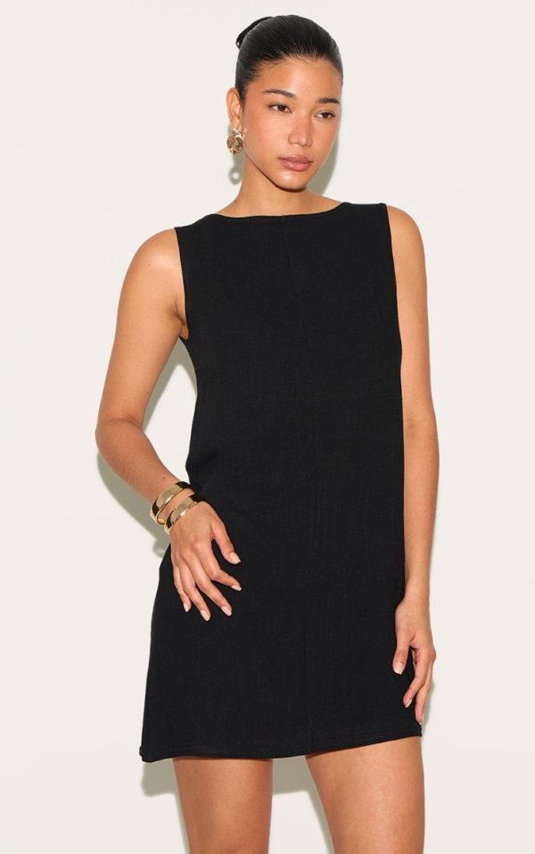 Black Textured Boat Neck Boxy Shift Dress