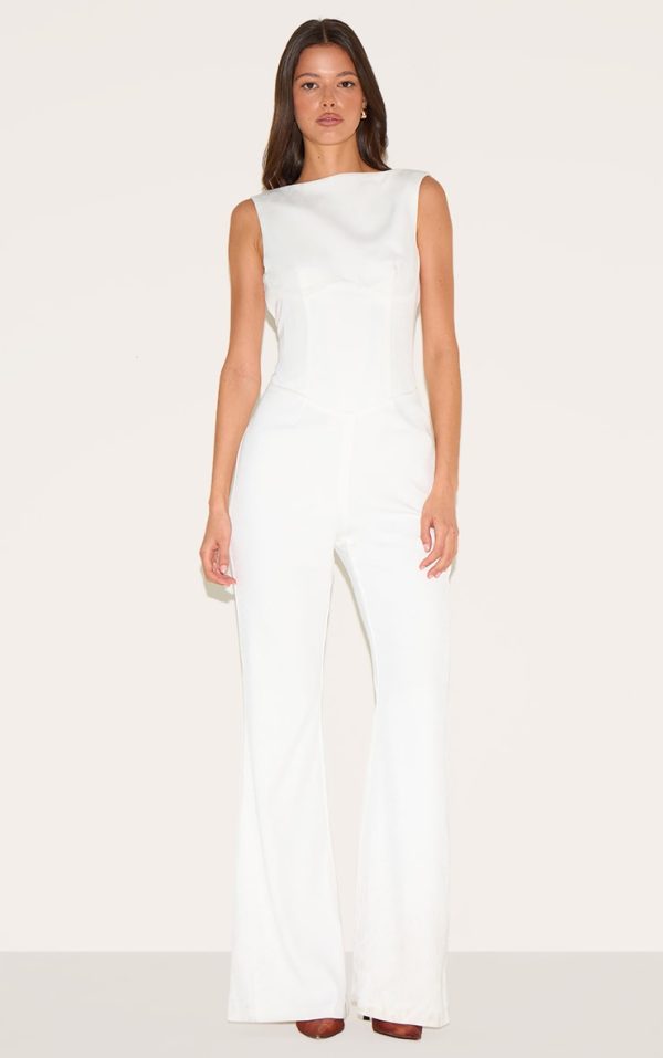 White Structured Woven Plunge Back Corset Straight Leg Jumpsuit