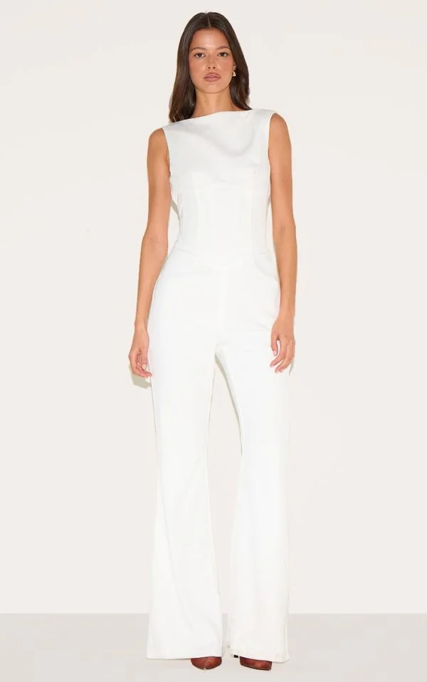 White Structured Woven Plunge Back Corset Straight Leg Jumpsuit