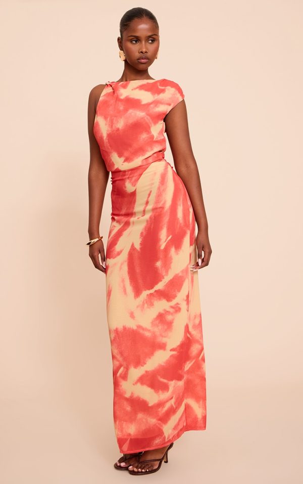 Pink Abstract Printed Chiffon Ruched Maxi Dress