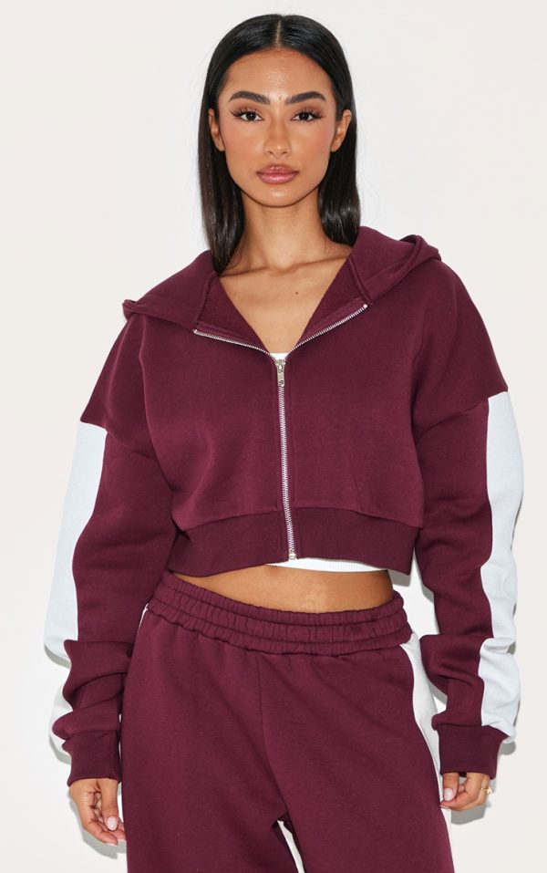 Petite Burgundy Stripe Detail Zip Up Hoodie