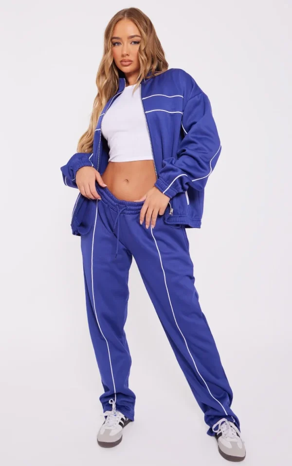 Navy Tricot Oversized Contrast Piping Straight Leg Sweatpants