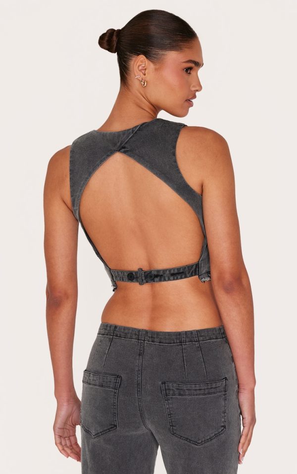 Washed Black Raw Hem Cut Out Back Denim Vest