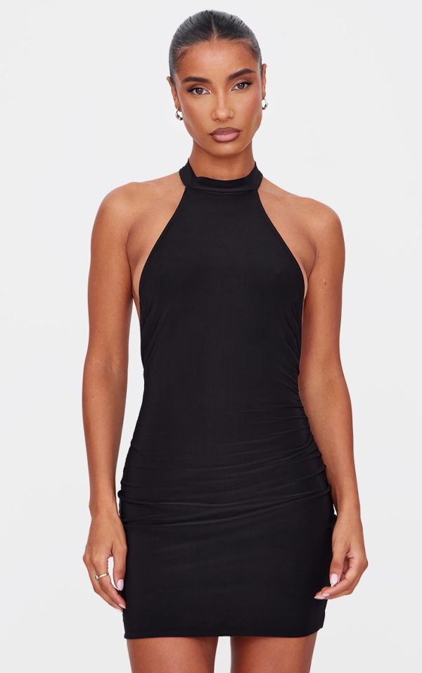 Black Double Slinky High Neck Halterneck Mini Dress