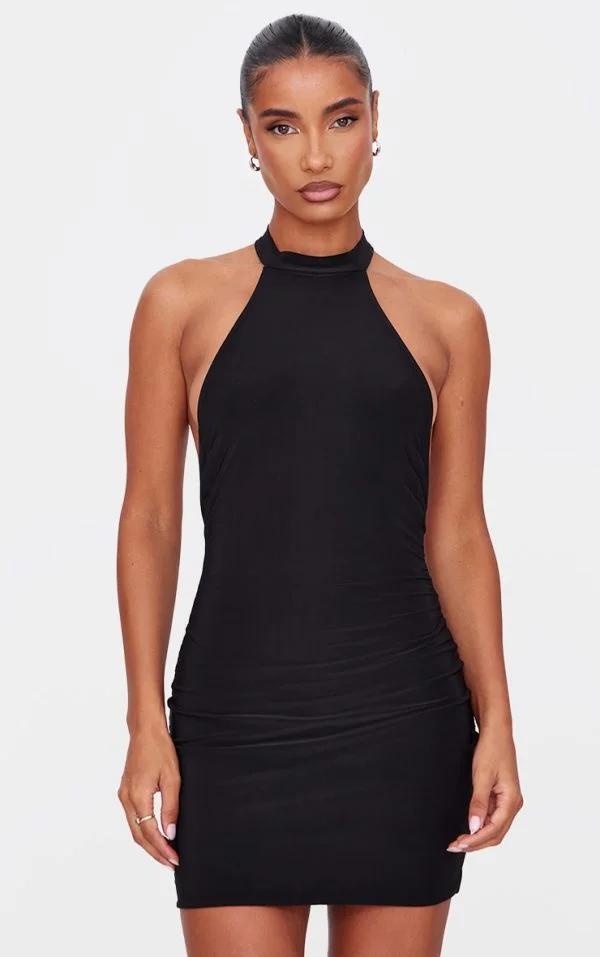 Black Double Slinky High Neck Halterneck Mini Dress
