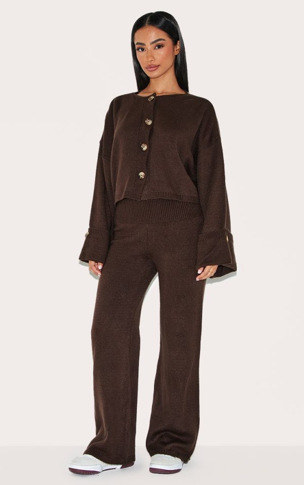 Petite Chocolate Knitted Fold Over Flare Pants