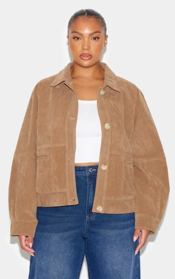 Plus Beige Oversized Faux Suede Jacket