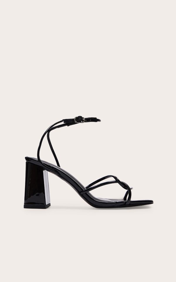 Black Wide Fit PU Patent Square Toe Strappy Block Heeled Sandals