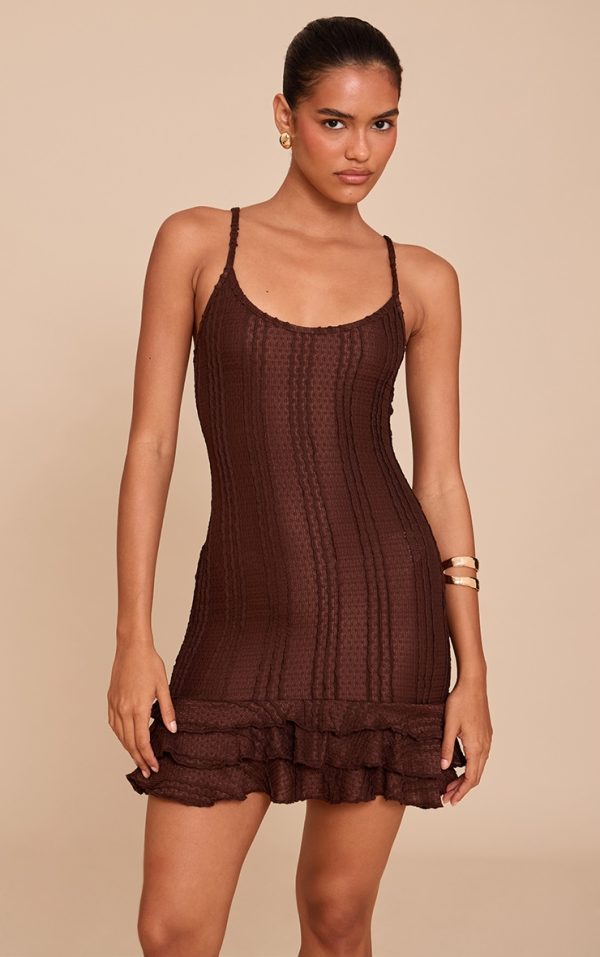 Chocolate Textured Strappy Frill Hem Bodycon Dress