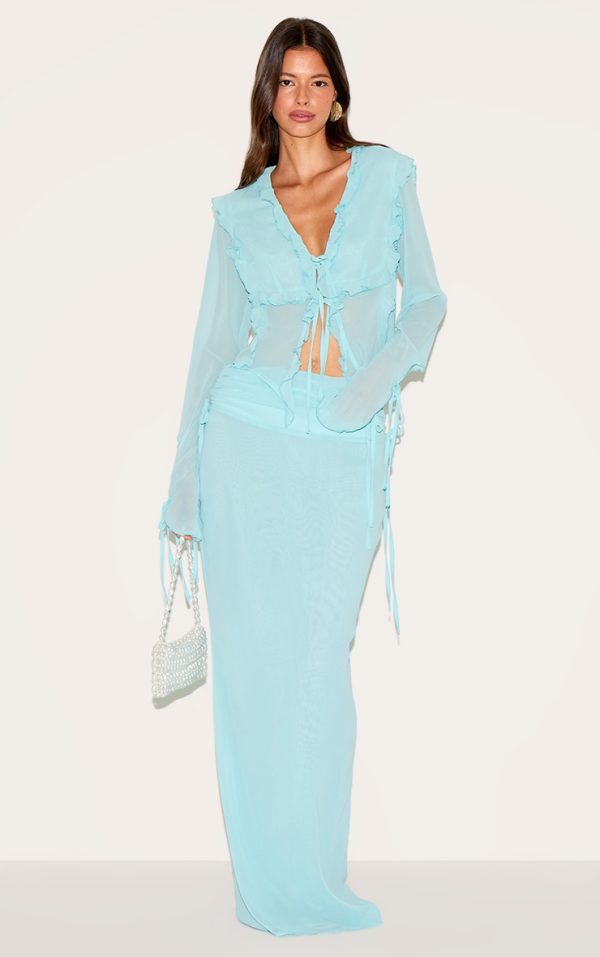 Aqua Ruched Chiffon Maxi Skirt