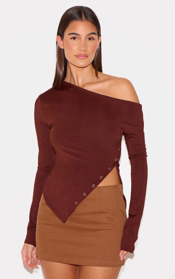 Chocolate Slinky Popper Detail Asymmetric Neck Long Sleeve Top