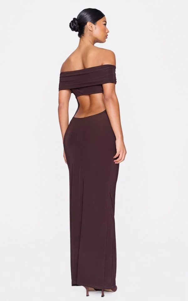 Chocolate Open Back Bardot Maxi Dress