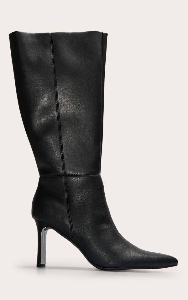 Black Pu Point Toe Thin Block High Heel Knee High Boots