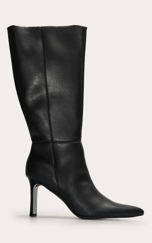 Black Pu Point Toe Thin Block High Heel Knee High Boots