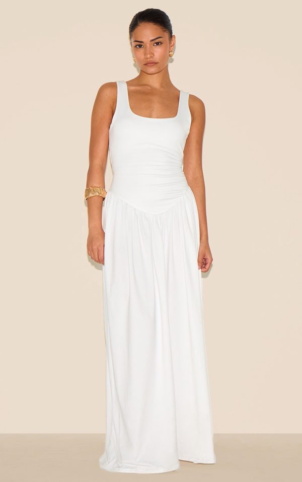 Petite White Contour Jersey Scoop Neck Pleated Maxi Dress