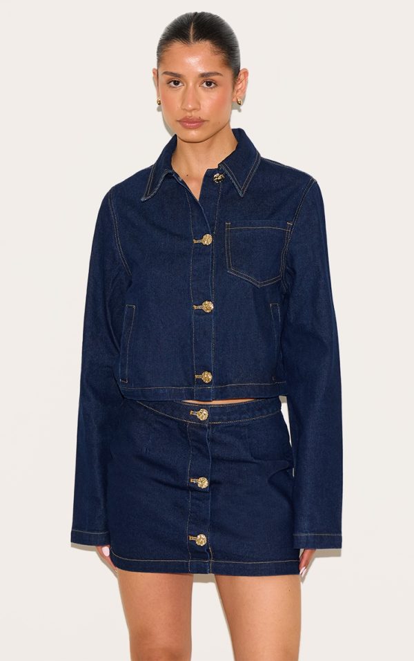 Tall Dark Indigo Button Trim Denim Mini Skirt