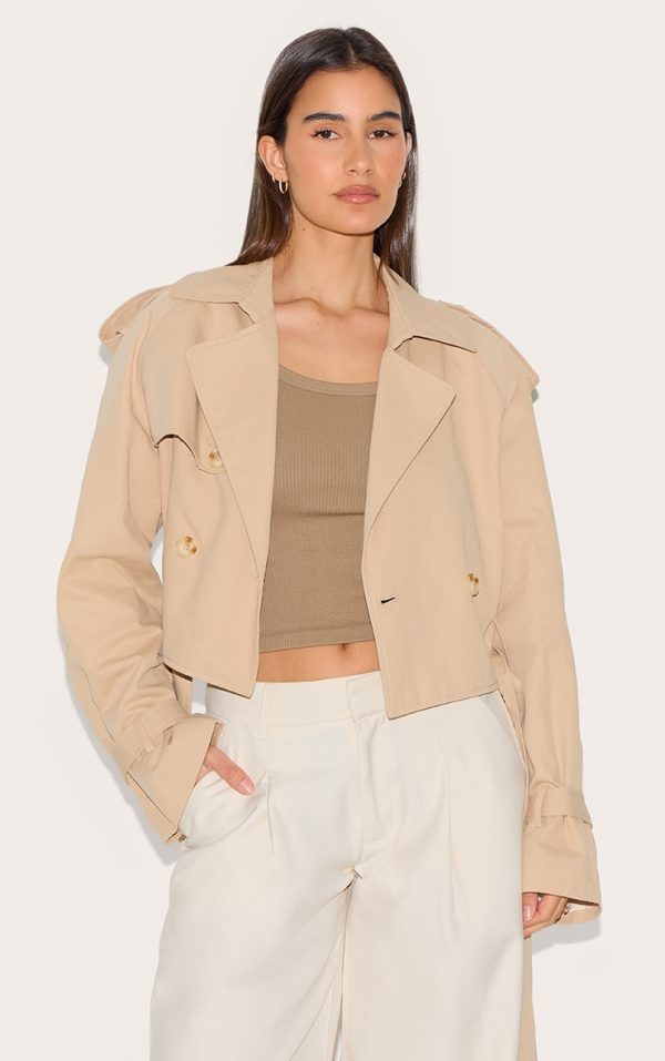 Beige Cropped Belted Hem Trench Coat