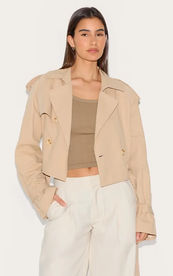 Beige Cropped Belted Hem Trench Coat
