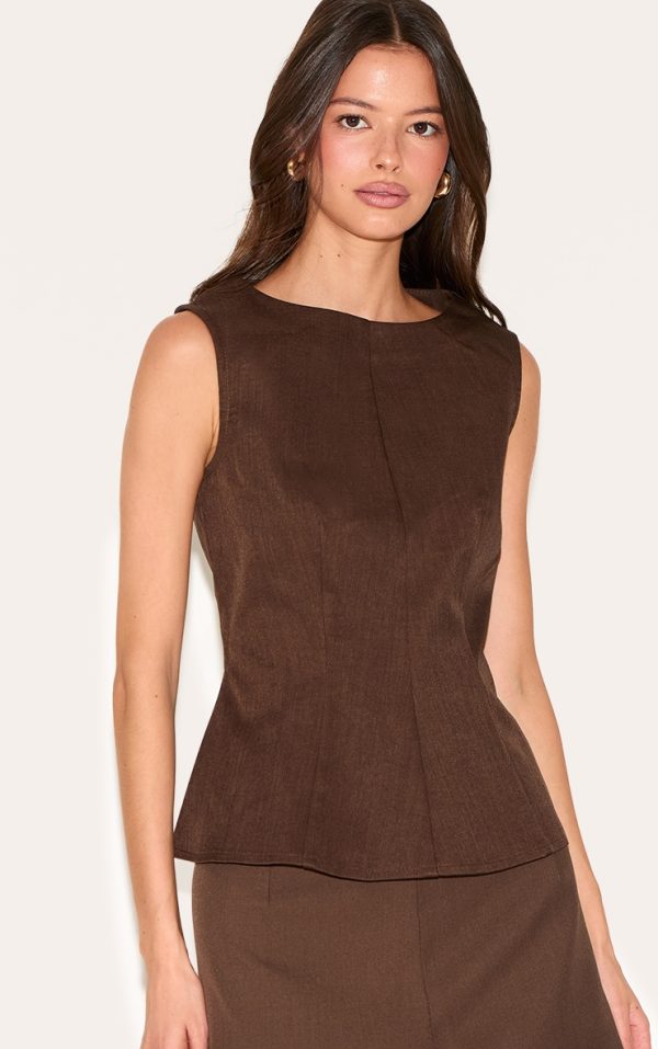Chocolate Woven Fitted Boatneck Peplum Top