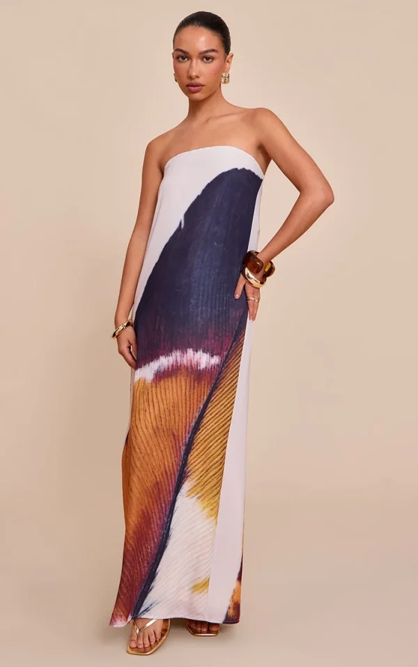 Nude Bandeau Feather Print Column Maxi Dress