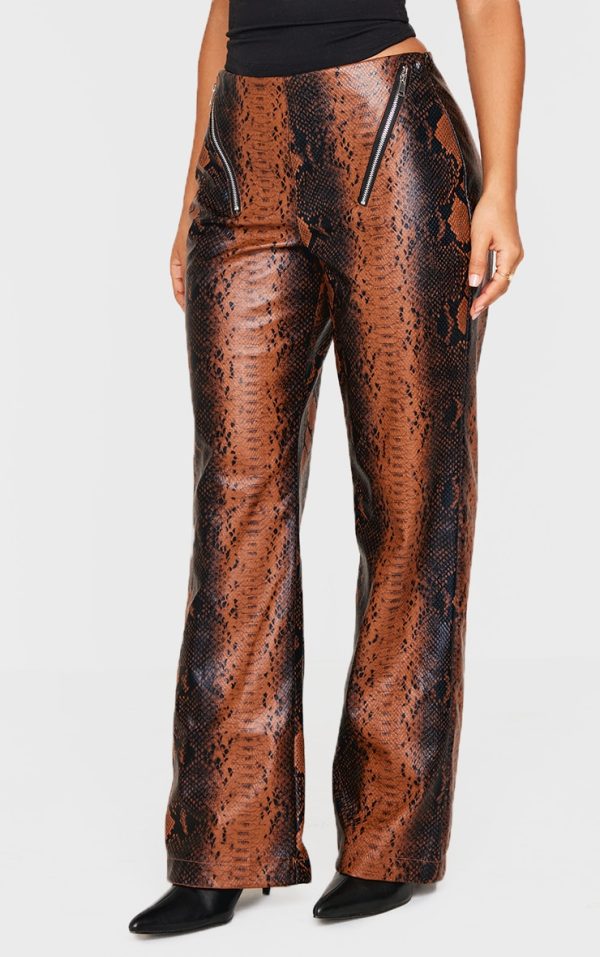 Petite Snake Print Faux Leather Zip Detail Low Rise Wide Leg Pants