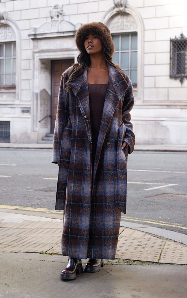 Brown Checkered Brushed Wool Look Tie Waist Coat