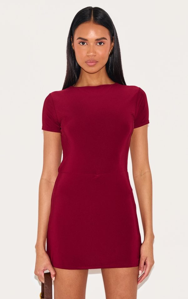 Burgundy Double Layer Cap Sleeve Slinky Skort Romper
