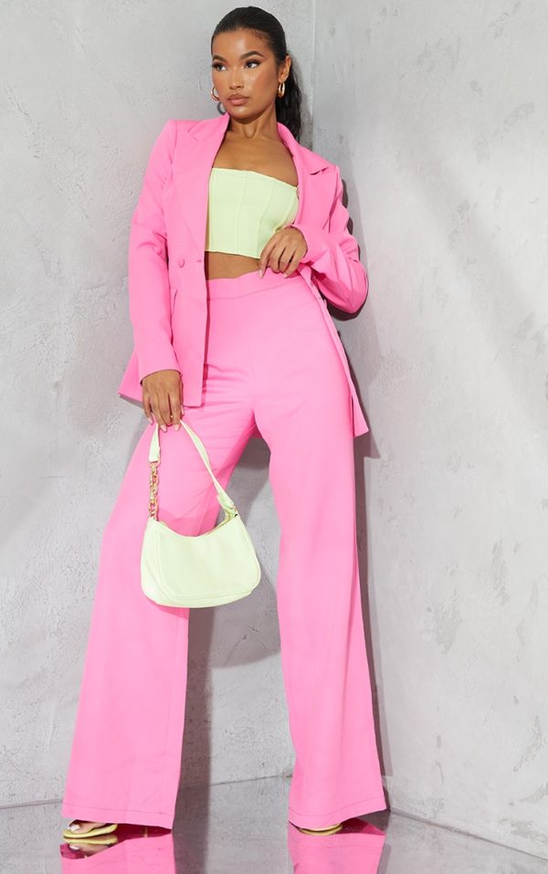 Bright Pink Woven High Waisted Tailored Wide Leg Pants