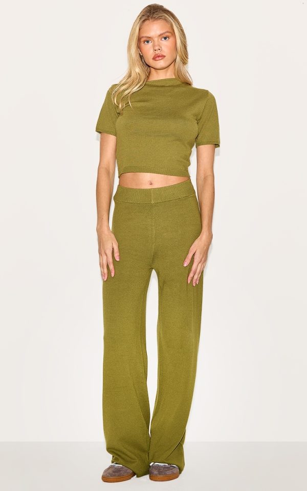 Olive Basic Knit Wide Leg Pants