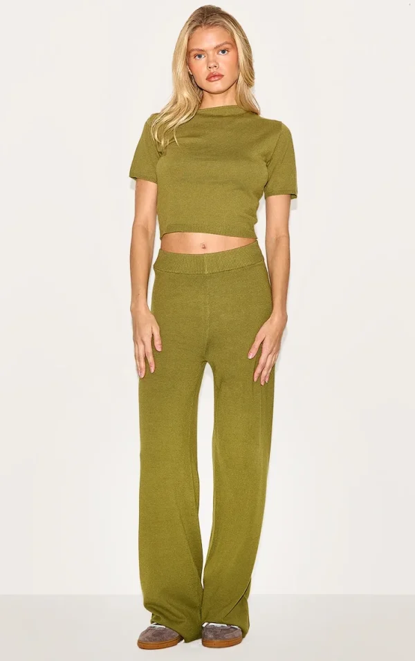 Olive Basic Knit Wide Leg Pants