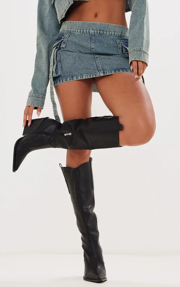 Black Western Pointed Wedge Heeled Knee Boots