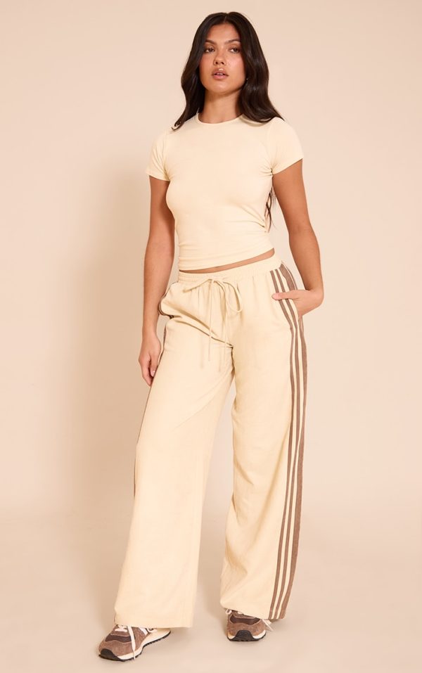 Butter Cream Peachskin Contrast Stripe Wide Leg Pants