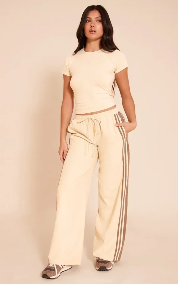Butter Cream Peachskin Contrast Stripe Wide Leg Pants