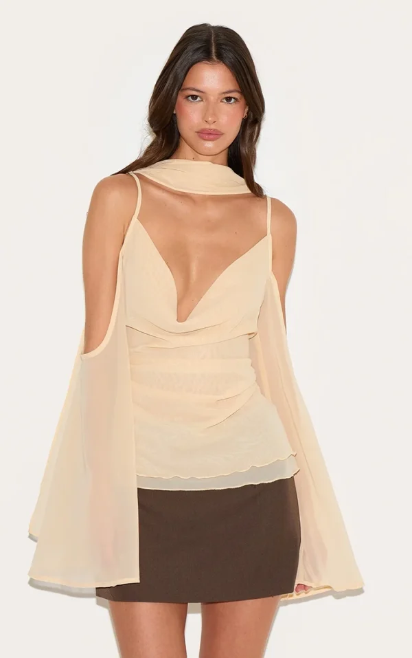 Almond Chiffon Drape Scarf Long Top