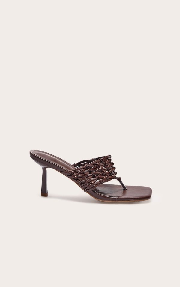 Chocolate Pu Square Toe Thong Woven Strap Mid Heeled Mules
