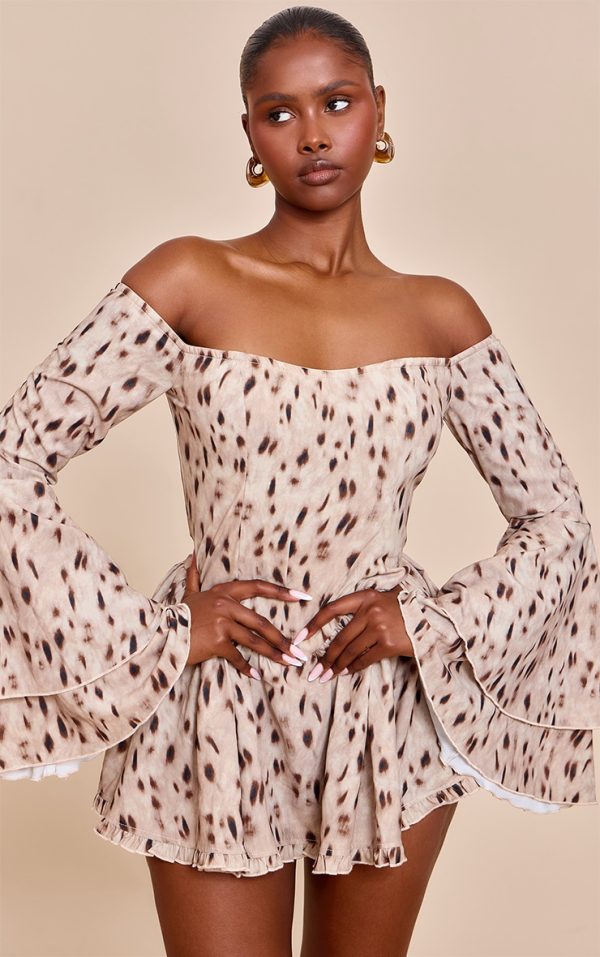 Brown Abstract Print Bardot Flare Sleeve Romper