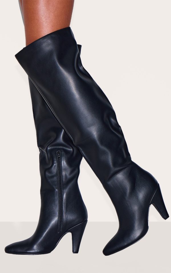 Black PU Point Toe Over The Knee Heeled Boot