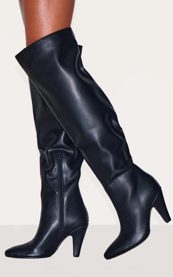 Black PU Point Toe Over The Knee Heeled Boot