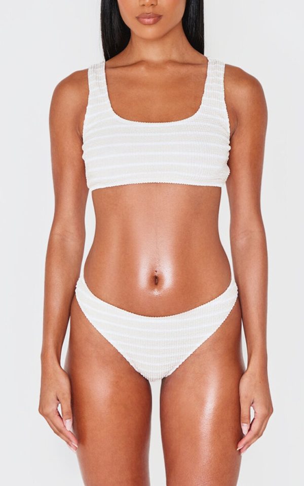 Cream Striped Crinkle Tanga Bikini Bottoms