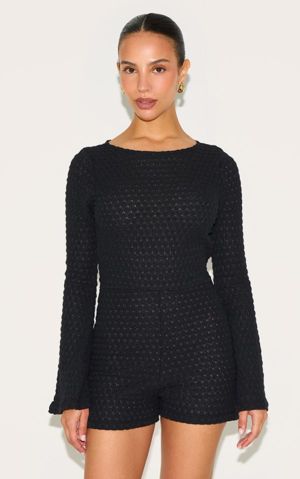 Petite Black Textured Jersey Long Sleeve Unitard