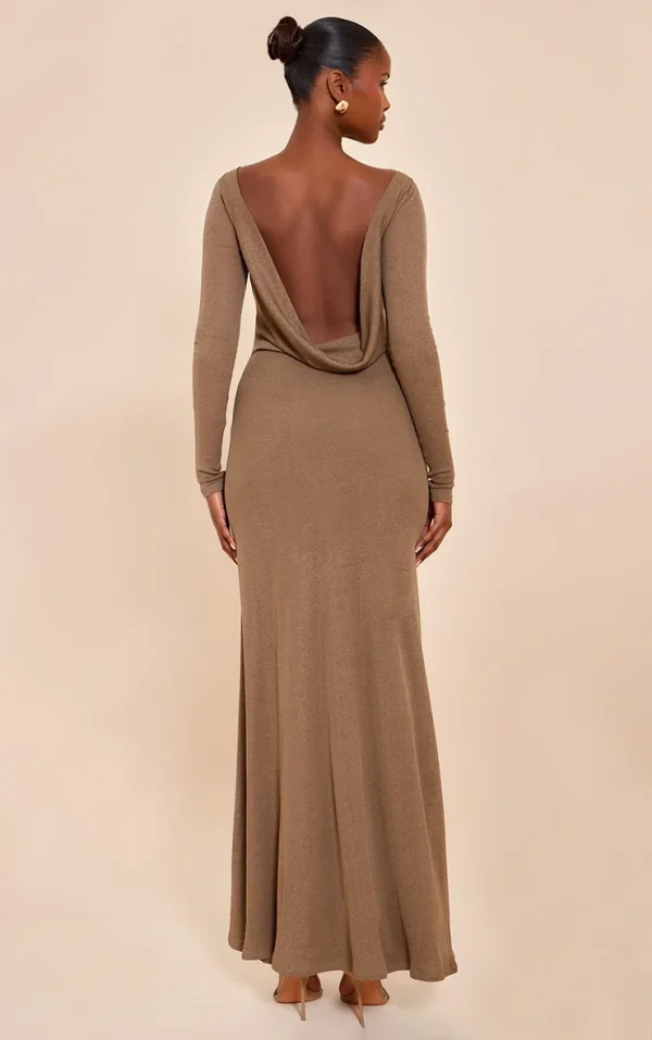 Chocolate Double Layer Onion Skin Cowl Back Maxi Dress