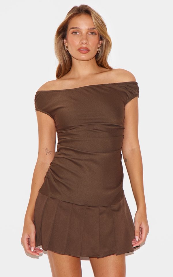 Chocolate Bardot Ruched Detail Pleated Shift Dress