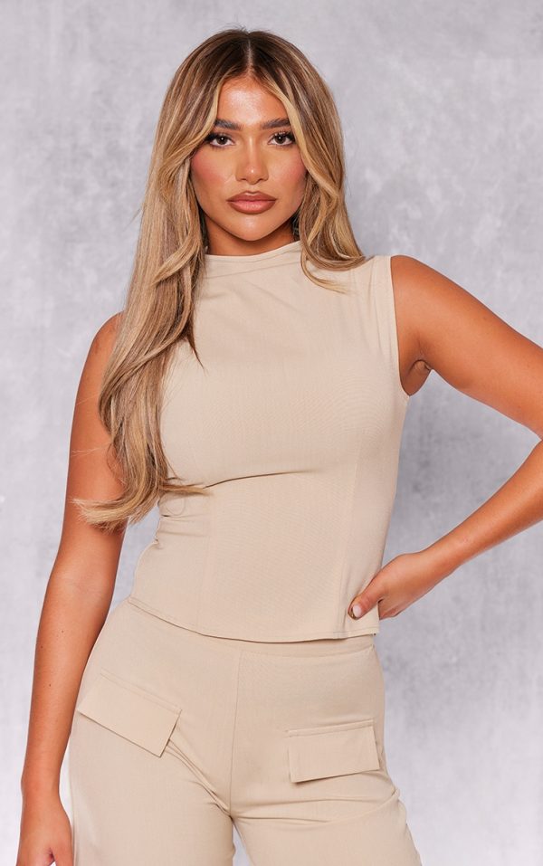 Stone Woven Tailored Zip Up Longline Top