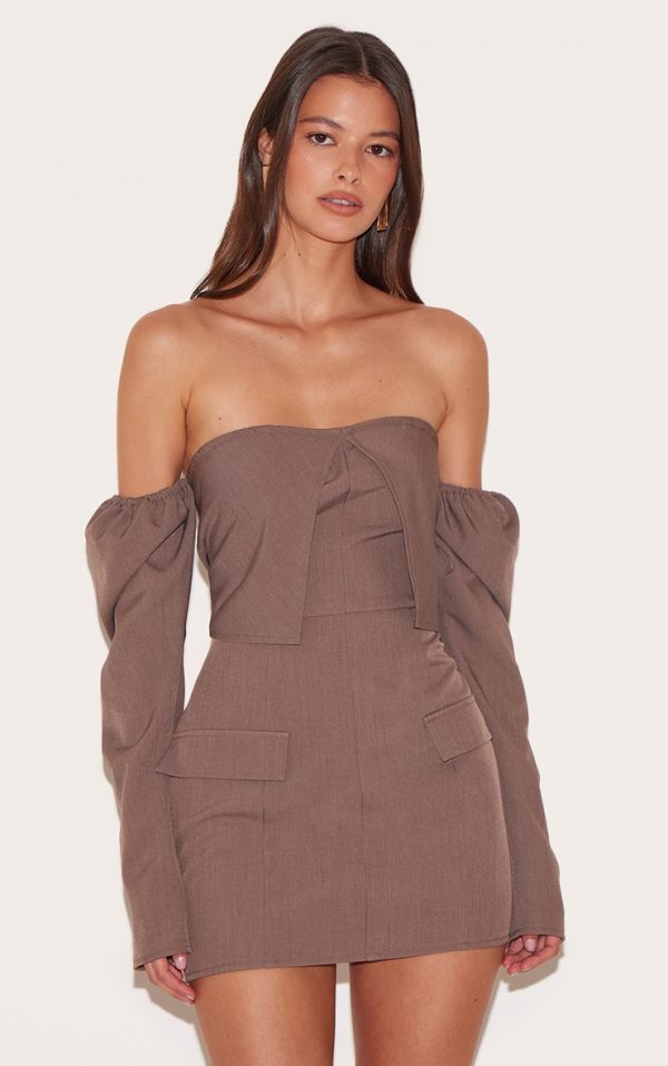 Mushroom Woven Tailored Long Sleeve Bardot Pocket Detail Mini Dress