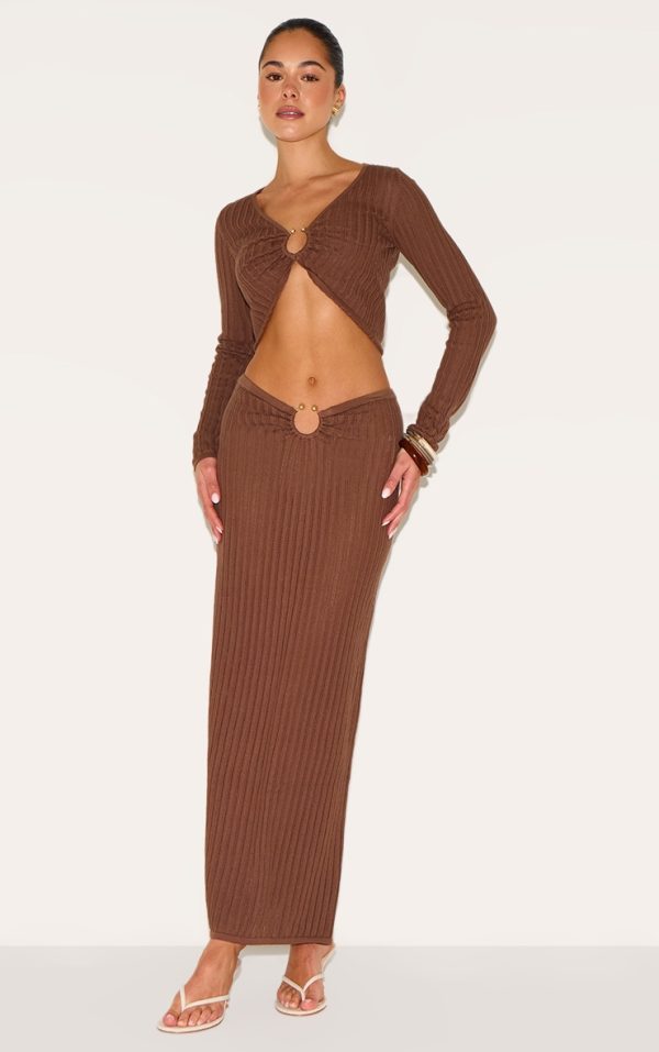 Mocha Pointelle Knit Trim Split Maxi Skirt