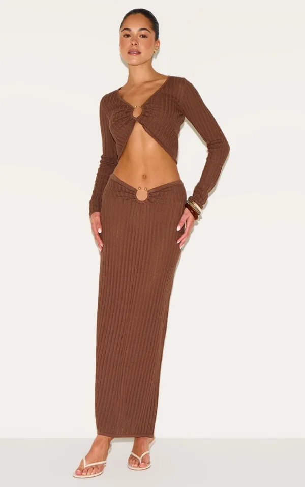 Mocha Pointelle Knit Trim Split Maxi Skirt