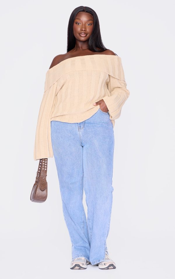 Plus Beige Exaggrated Ribbed Asymmetric Sweater