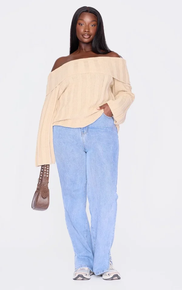 Plus Beige Exaggrated Ribbed Asymmetric Sweater