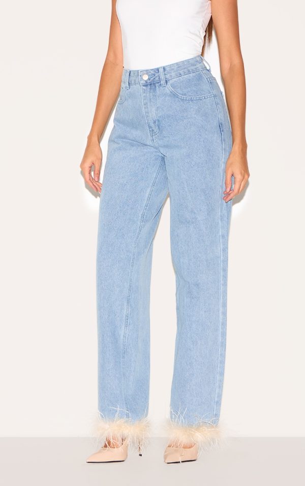Blue Feather Trim Straight Leg Jeans